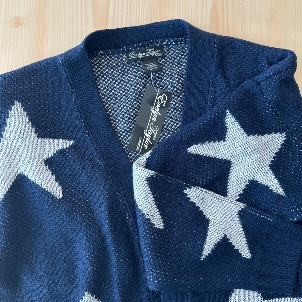 Evelyn Taylor Star Print Cardigan Sweater Knit‎ Open Front Blue Large NWT